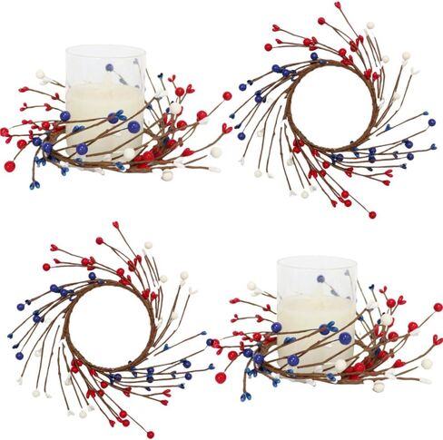 2 PCS شمعة الوطنية حلقات الزهور المخلوط أبيض وبحرية التوت الأزرق و Pip Berry Candle Ring Ring ، زخارف 4 يوليو لجدول شمعة عمود مركزية (Blue) in Kuwait