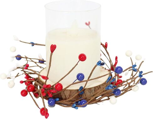 2 PCS شمعة الوطنية حلقات الزهور المخلوط أبيض وبحرية التوت الأزرق و Pip Berry Candle Ring Ring ، زخارف 4 يوليو لجدول شمعة عمود مركزية (Blue) in Kuwait