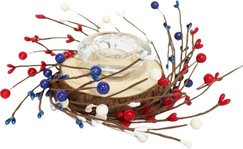 2 PCS شمعة الوطنية حلقات الزهور المخلوط أبيض وبحرية التوت الأزرق و Pip Berry Candle Ring Ring ، زخارف 4 يوليو لجدول شمعة عمود مركزية (Blue) in Kuwait