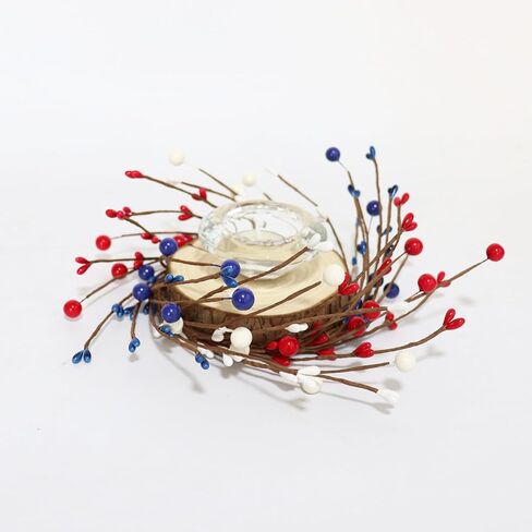 2 PCS شمعة الوطنية حلقات الزهور المخلوط أبيض وبحرية التوت الأزرق و Pip Berry Candle Ring Ring ، زخارف 4 يوليو لجدول شمعة عمود مركزية (Blue) in Kuwait