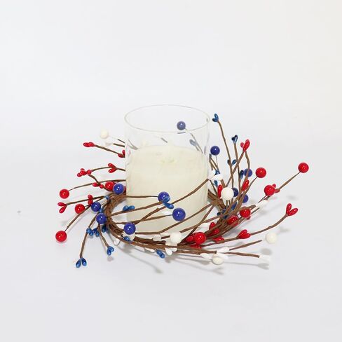 2 PCS شمعة الوطنية حلقات الزهور المخلوط أبيض وبحرية التوت الأزرق و Pip Berry Candle Ring Ring ، زخارف 4 يوليو لجدول شمعة عمود مركزية (Blue) in Kuwait