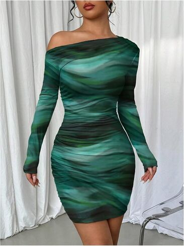 SOLY HUX Women's Sexy Off the Cooder Bodycon Mini Tie Tie Dye Long Long Ruched Dresses Dresses Dresses in Saudi Arabia
