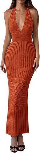 SOLY HUX Women's Crochet Knit Halter Dress Deep V Neck Sleeveless Tie Backless Bodycon Long Dresses in Saudi Arabia
