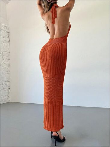 SOLY HUX Women's Crochet Knit Halter Dress Deep V Neck Sleeveless Tie Backless Bodycon Long Dresses in Saudi Arabia