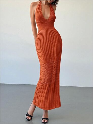 SOLY HUX Women's Crochet Knit Halter Dress Deep V Neck Sleeveless Tie Backless Bodycon Long Dresses in Saudi Arabia