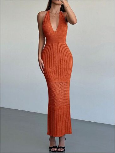 SOLY HUX Women's Crochet Knit Halter Dress Deep V Neck Sleeveless Tie Backless Bodycon Long Dresses in Saudi Arabia