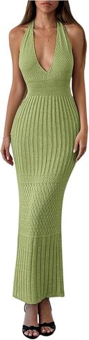 SOLY HUX Women's Crochet Knit Halter Dress Deep V Neck Sleeveless Tie Backless Bodycon Long Dresses in Saudi Arabia