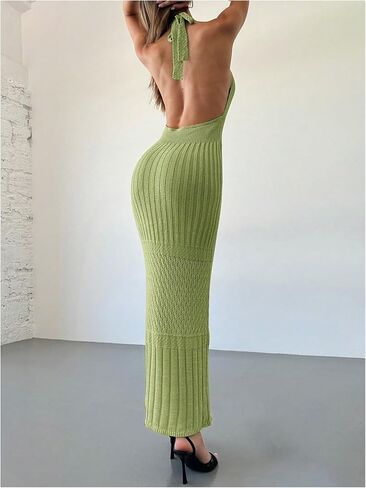SOLY HUX Women's Crochet Knit Halter Dress Deep V Neck Sleeveless Tie Backless Bodycon Long Dresses in Saudi Arabia