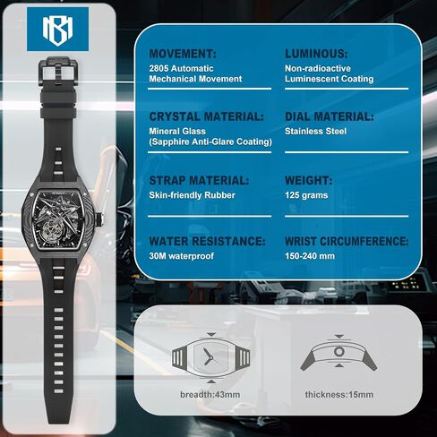 Skeleton Automatic Watch, 43mm Dial with Luminous Hands, Self Winding Watch, 3 ATM Waterproof, Business Casual Sporty Design Men's Watch, with Rubber Strap in Saudi Arabia