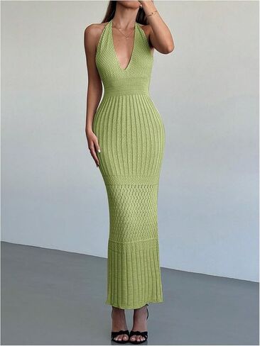 SOLY HUX Women's Crochet Knit Halter Dress Deep V Neck Sleeveless Tie Backless Bodycon Long Dresses in Saudi Arabia