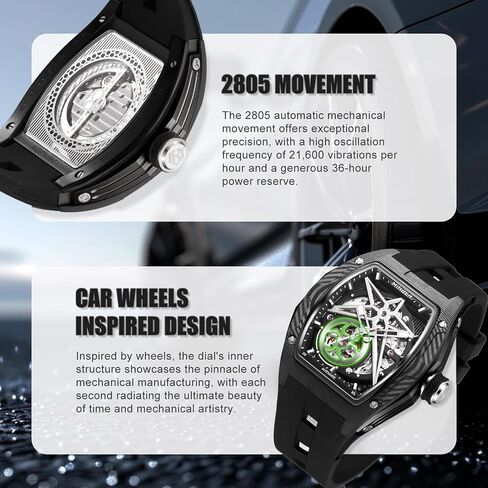 Skeleton Automatic Watch, 43mm Dial with Luminous Hands, Self Winding Watch, 3 ATM Waterproof, Business Casual Sporty Design Men's Watch, with Rubber Strap in Saudi Arabia
