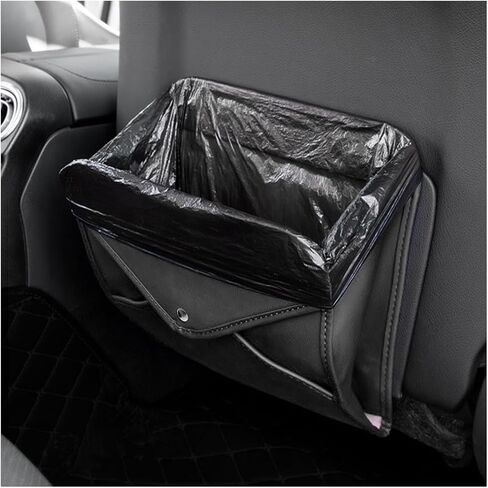 BELOMI Car Trash Can, Leather Foldable Vehicle Seat Hanging Dustbin Container, Multi-Function Automotive Interior Garbage Storage Organizer Holder Bag Accessories, Universal Fit (Black) in Saudi Arabia