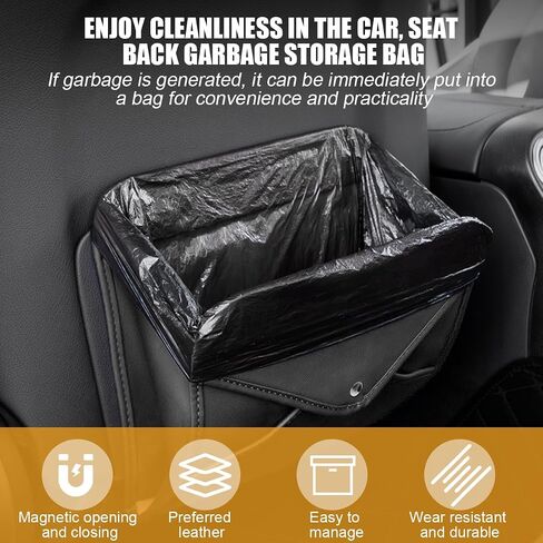 BELOMI Car Trash Can, Leather Foldable Vehicle Seat Hanging Dustbin Container, Multi-Function Automotive Interior Garbage Storage Organizer Holder Bag Accessories, Universal Fit (Black) in Saudi Arabia