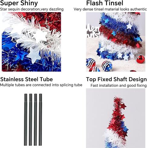 5Ft Pop up Christmas Tree 4th of July Patriotic Decorations Tree, Artificial Collapsible Star Sequins Christmas Tree for Indoor Outdoor Independence Day Red White and Blue Decorations in Kuwait
