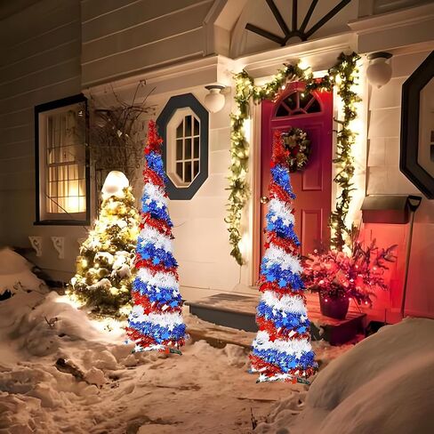 5Ft Pop up Christmas Tree 4th of July Patriotic Decorations Tree, Artificial Collapsible Star Sequins Christmas Tree for Indoor Outdoor Independence Day Red White and Blue Decorations in Kuwait