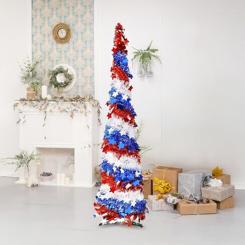 5Ft Pop up Christmas Tree 4th of July Patriotic Decorations Tree, Artificial Collapsible Star Sequins Christmas Tree for Indoor Outdoor Independence Day Red White and Blue Decorations in Kuwait