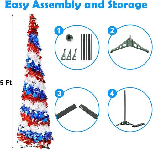 5Ft Pop up Christmas Tree 4th of July Patriotic Decorations Tree, Artificial Collapsible Star Sequins Christmas Tree for Indoor Outdoor Independence Day Red White and Blue Decorations in Kuwait