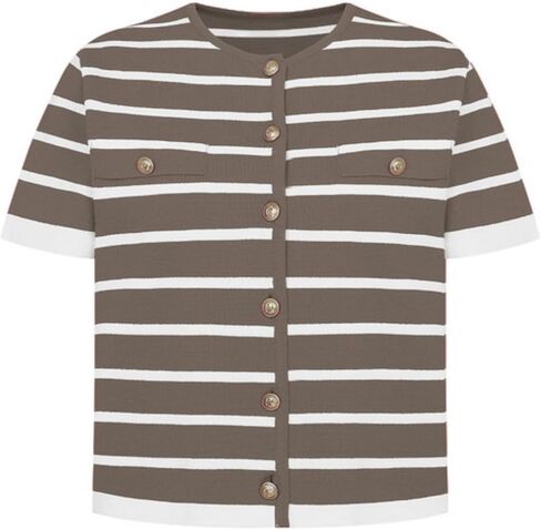 omoone womens striped cardigan سترة قصيرة الأكمام خفيفة الوزن زر الصيف لأسفل قمم المتماسكة اقتصاص in Kuwait