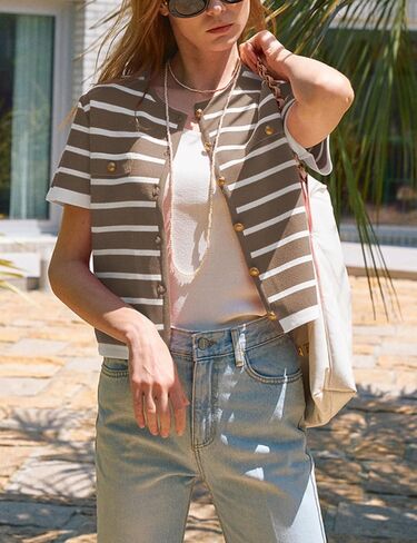 omoone womens striped cardigan سترة قصيرة الأكمام خفيفة الوزن زر الصيف لأسفل قمم المتماسكة اقتصاص in Kuwait