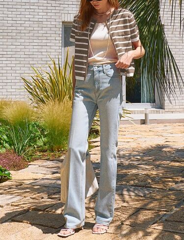 omoone womens striped cardigan سترة قصيرة الأكمام خفيفة الوزن زر الصيف لأسفل قمم المتماسكة اقتصاص in Kuwait