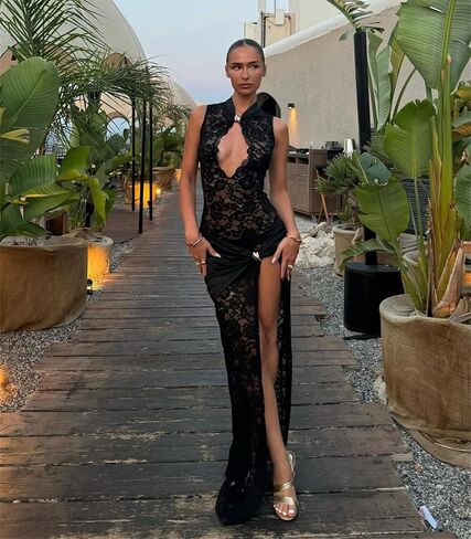 JUMISEE Women’s Sexy High Slit See Through Lace Maxi Dress Sleeveless Hollow Out Bodycon Cocktail Dress Evening Gown in Saudi Arabia