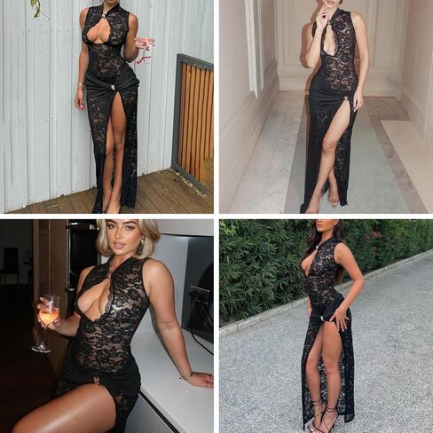 JUMISEE Women’s Sexy High Slit See Through Lace Maxi Dress Sleeveless Hollow Out Bodycon Cocktail Dress Evening Gown in Saudi Arabia