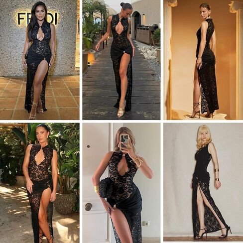 JUMISEE Women’s Sexy High Slit See Through Lace Maxi Dress Sleeveless Hollow Out Bodycon Cocktail Dress Evening Gown in Saudi Arabia