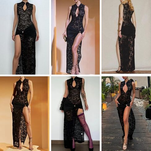 JUMISEE Women’s Sexy High Slit See Through Lace Maxi Dress Sleeveless Hollow Out Bodycon Cocktail Dress Evening Gown in Saudi Arabia