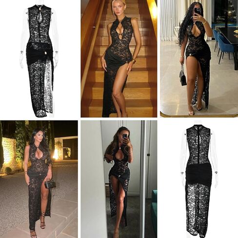 JUMISEE Women’s Sexy High Slit See Through Lace Maxi Dress Sleeveless Hollow Out Bodycon Cocktail Dress Evening Gown in Saudi Arabia