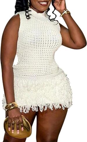 Tcremisa Women's Crochet Fringe Mini Dress Slim Fit Sleeveless Hollow Out Bodycon Short Knit Pullover Dresses in Saudi Arabia
