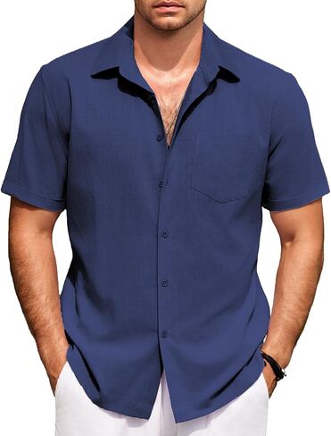 COOFANDY Mens Short Sleeve Button Down Shirts 100% Cotton Beach Style Textured Shirts in Saudi Arabia