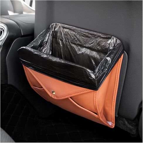 BELOMI Car Trash Can, Leather Foldable Vehicle Seat Hanging Dustbin Container, Multi-Function Automotive Interior Garbage Storage Organizer Holder Bag Accessories, Universal Fit (Black) in Saudi Arabia