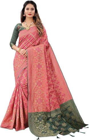 Women's Jacquard Cotton Silk Blend Banarasi Bandhani Fusion Style Woven Saree with Unstitched Blouse Piece in Saudi Arabia