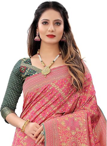 Women's Jacquard Cotton Silk Blend Banarasi Bandhani Fusion Style Woven Saree with Unstitched Blouse Piece in Saudi Arabia