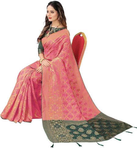 Women's Jacquard Cotton Silk Blend Banarasi Bandhani Fusion Style Woven Saree with Unstitched Blouse Piece in Saudi Arabia