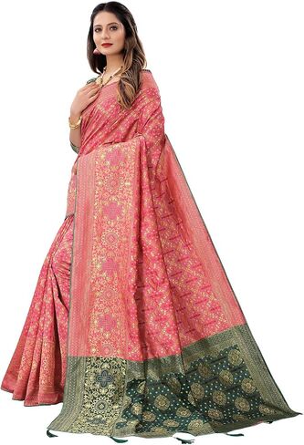 Women's Jacquard Cotton Silk Blend Banarasi Bandhani Fusion Style Woven Saree with Unstitched Blouse Piece in Saudi Arabia