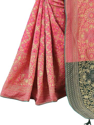 Women's Jacquard Cotton Silk Blend Banarasi Bandhani Fusion Style Woven Saree with Unstitched Blouse Piece in Saudi Arabia
