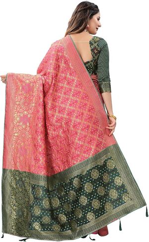 Women's Jacquard Cotton Silk Blend Banarasi Bandhani Fusion Style Woven Saree with Unstitched Blouse Piece in Saudi Arabia