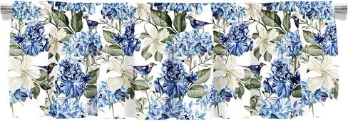 Blackout Watercolor Blue and White Hydrangea Flower and Bird Rod Pocket Short Window Curtain Valance for Kitchen Bedroom Decor, 52" x 18", Navy Blue and Green, 1 Panel in Saudi Arabia