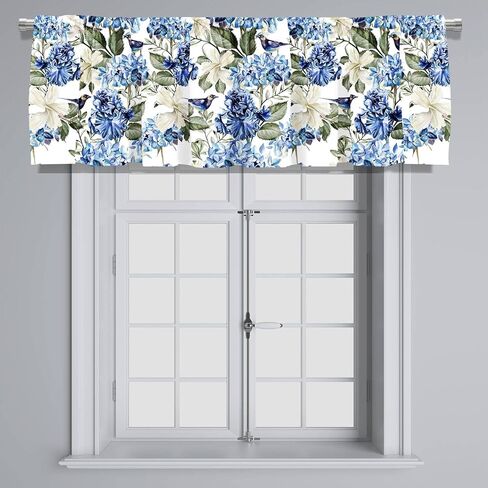 Blackout Watercolor Blue and White Hydrangea Flower and Bird Rod Pocket Short Window Curtain Valance for Kitchen Bedroom Decor, 52" x 18", Navy Blue and Green, 1 Panel in Saudi Arabia