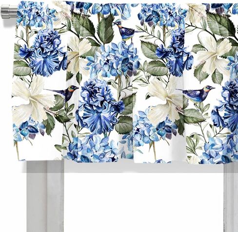 Blackout Watercolor Blue and White Hydrangea Flower and Bird Rod Pocket Short Window Curtain Valance for Kitchen Bedroom Decor, 52" x 18", Navy Blue and Green, 1 Panel in Saudi Arabia