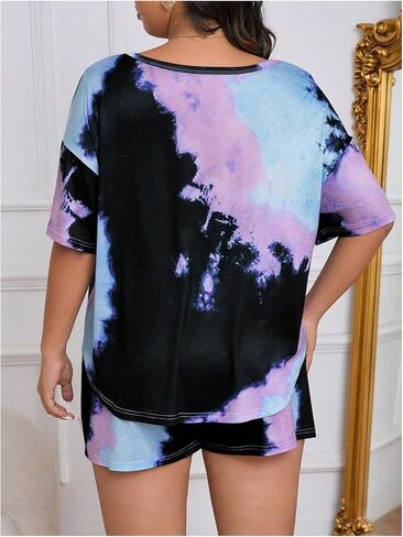Wdirara Women's Plus Tie Tie Dye Pajama v Neck Shorts and Shorts 2 قطعة ليلية in Kuwait