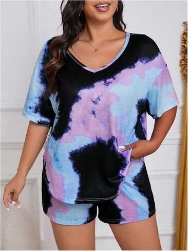 Wdirara Women's Plus Tie Tie Dye Pajama v Neck Shorts and Shorts 2 قطعة ليلية in Kuwait