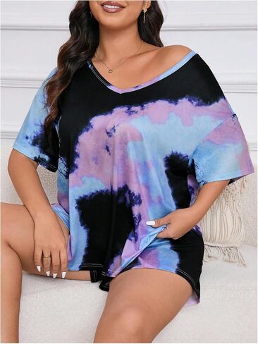 Wdirara Women's Plus Tie Tie Dye Pajama v Neck Shorts and Shorts 2 قطعة ليلية in Kuwait
