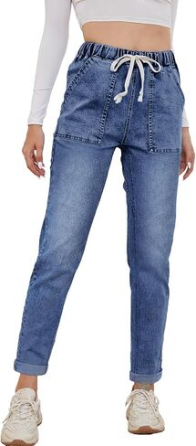 Womens Pull-on Jeans Stretch High Waisted Elastic Waist Jeans for Women Denim Joggers Pants in Kuwait