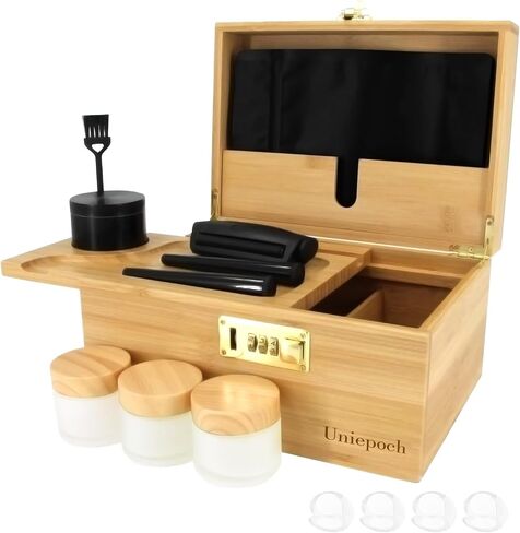 Premium Large Bamboo Storage Box with Combination Lock, Smell Proof & Removable Tray - Includes Rolling Tray, Glass Jars & Accessories for Home Decor & Organizing in Saudi Arabia