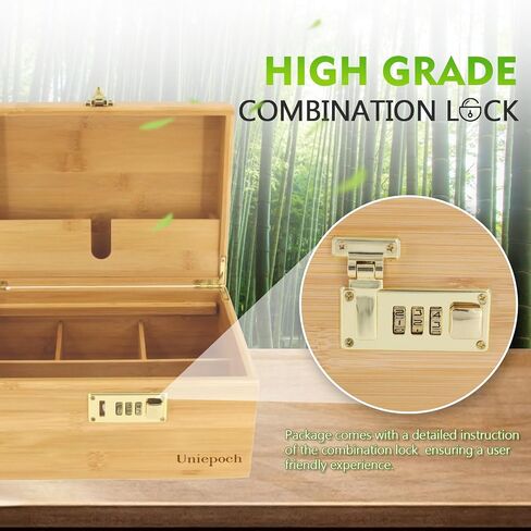 Premium Large Bamboo Storage Box with Combination Lock, Smell Proof & Removable Tray - Includes Rolling Tray, Glass Jars & Accessories for Home Decor & Organizing in Saudi Arabia