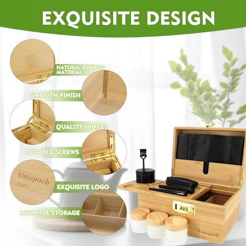 Premium Large Bamboo Storage Box with Combination Lock, Smell Proof & Removable Tray - Includes Rolling Tray, Glass Jars & Accessories for Home Decor & Organizing in Saudi Arabia