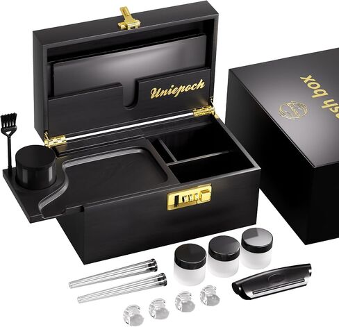 Premium Large Bamboo Storage Box with Combination Lock, Smell Proof & Removable Tray - Includes Rolling Tray, Glass Jars & Accessories for Home Decor & Organizing in Saudi Arabia