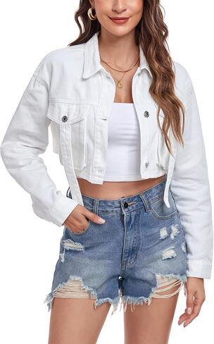 Anienaya Women's Cropped Denim Jacket Washed Cropped Y2K Cargo Short Jean Jacket with Pockets in Kuwait